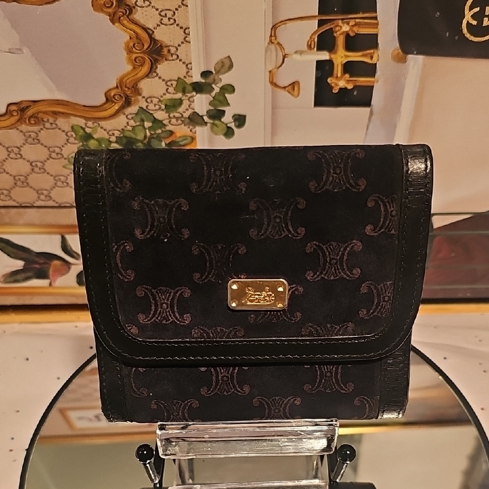 Celine Paris Black Leather & Suede Textured Wallet with Gold Clasp - Picture 1 of 16
